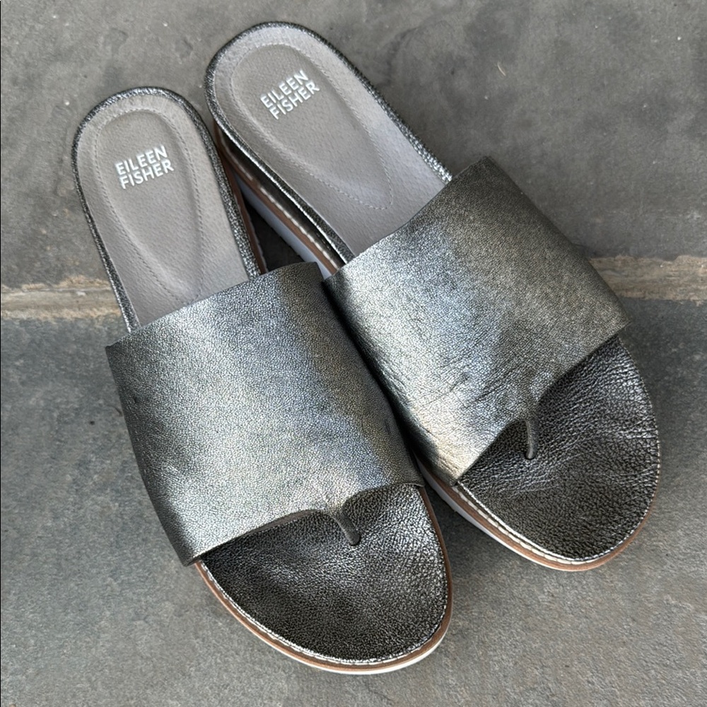 Eileen Fisher Silver Metallic Leather Slide Sandals Size 11M